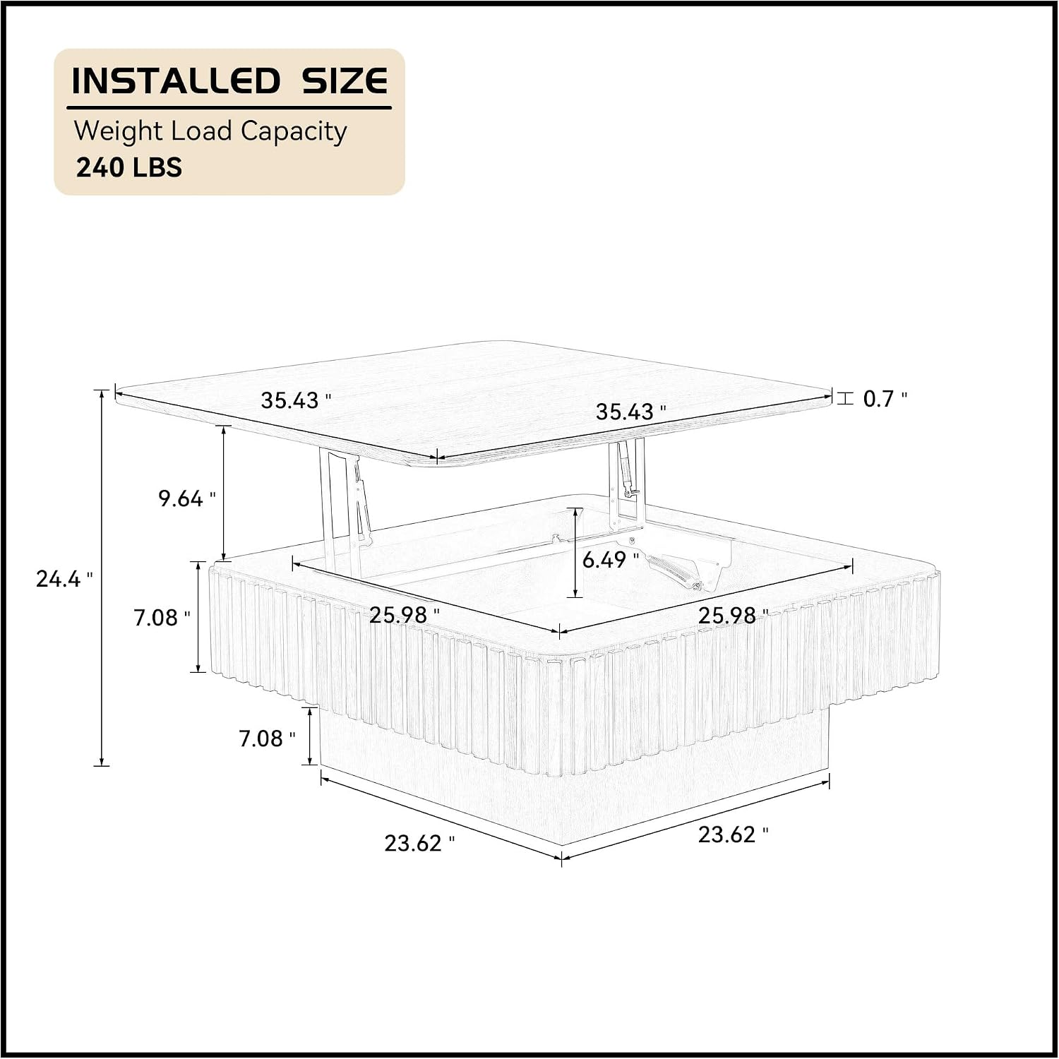 Lift Top Coffee Table Modern Handcraft Drum Coffee Table Table with Hidden Storage Space, Square Center Table for Living Room Apartment, Black