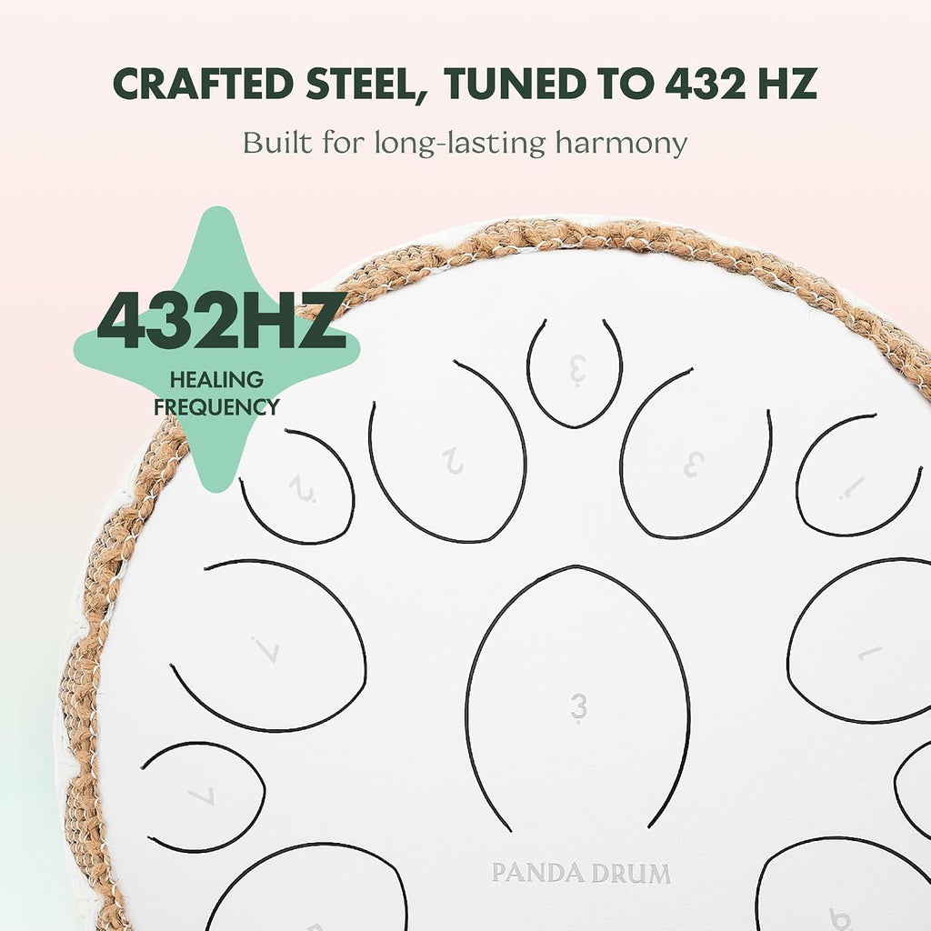 Panda Drum Pro (White) | Steel Tongue Handpan with Music Book, Mallets, Carrying Bag & Finger Picks | 15 inch, 432 Hz | Rain Drum for Inside & Outside | Calming Musical Instrument for Adults & Kids
