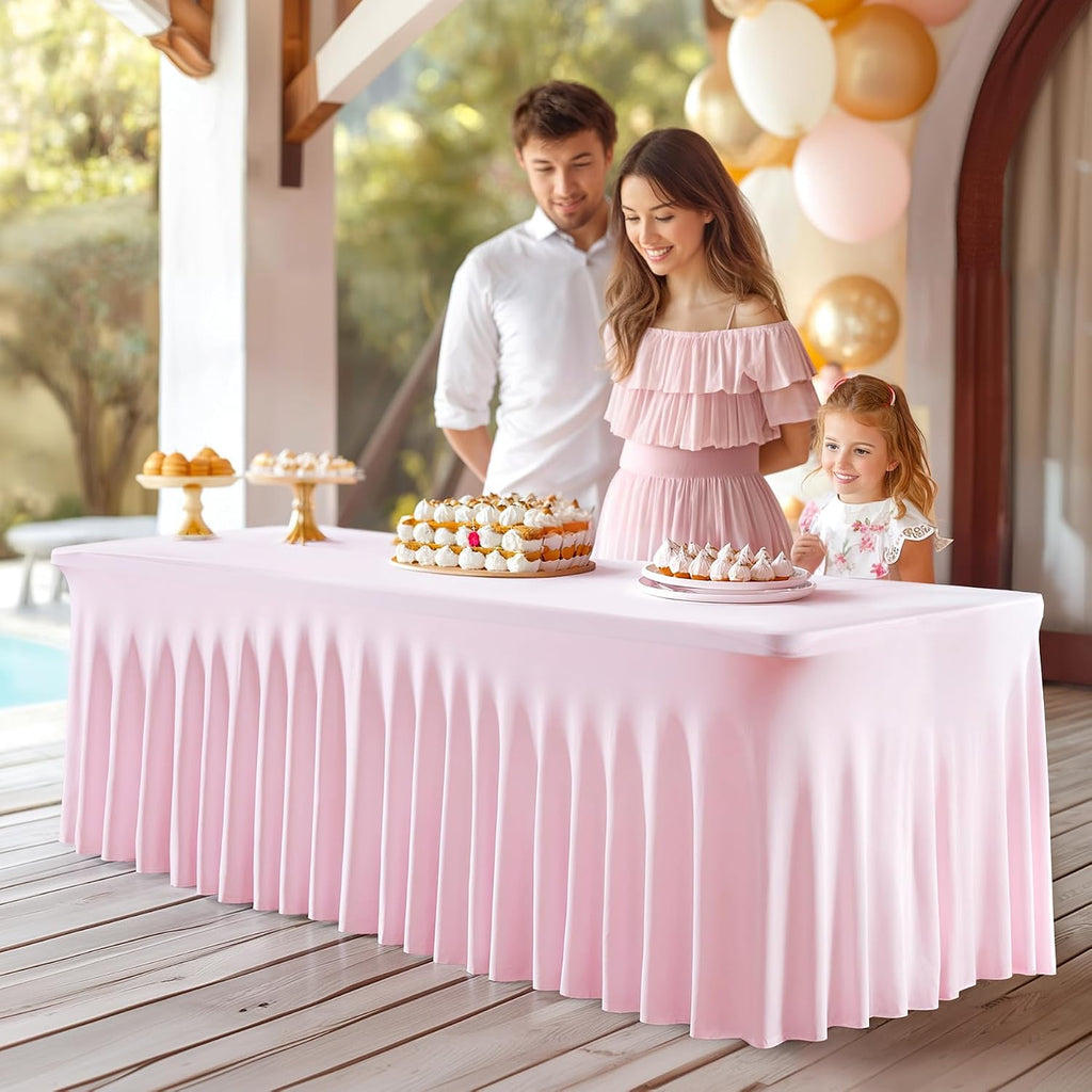 PARTISKY 6 Pack Pink Table Cover for Rectangle Tables 8ft,One-Piece Spandex Elastic Table Cloth with Skirt for Wedding Folding Table Banquet Baby Shower & Birthday Parties