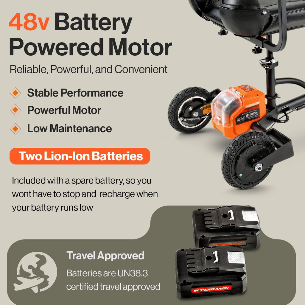 SuperHandy Passport Mobility Scooter - Foldable, 3 Wheel, Airline Travel Friendly - 13 Mile Range, Includes 2 Removable 48V Lithium-ion Batteries & Charger (330 Lbs)