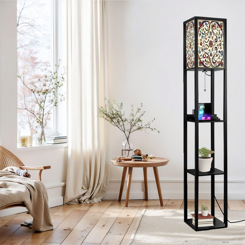 Floor Lamp with Shelves Red Blue Green Turkish Seamless Pattern Luxury Floral Ornament Standing Tall Lamp USB Ports & Power Outlet Modern Corner Lamp Nightstand Light for Living Room Bedroom