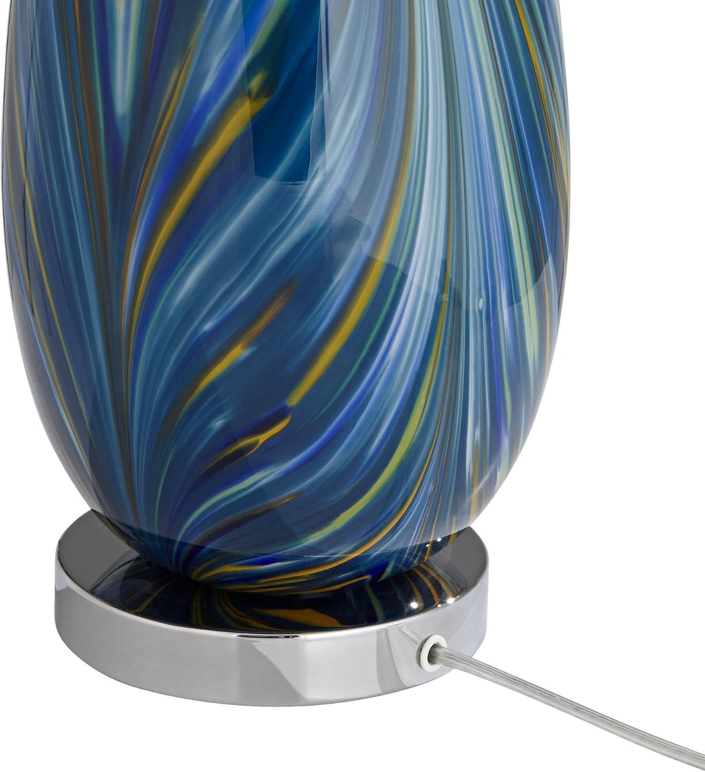 Possini Euro Design Pablo Modern Style 3-Way Table Lamp with Table Top Dimmer 27' Tall Multi Color Blue Art Glass Fabric Drum Shade for Living Room Bedroom Bedside Nightstand Home (Color May Vary)