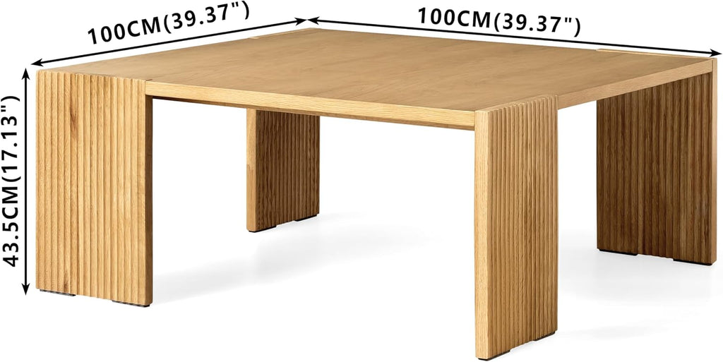 39.37'' Large Square Coffee Table, Solid Ash Wood Coffee Table Accent Table for Living Room, Modern Side Table with Soft Padded Feet and Textured Legs, Natural Wood Color