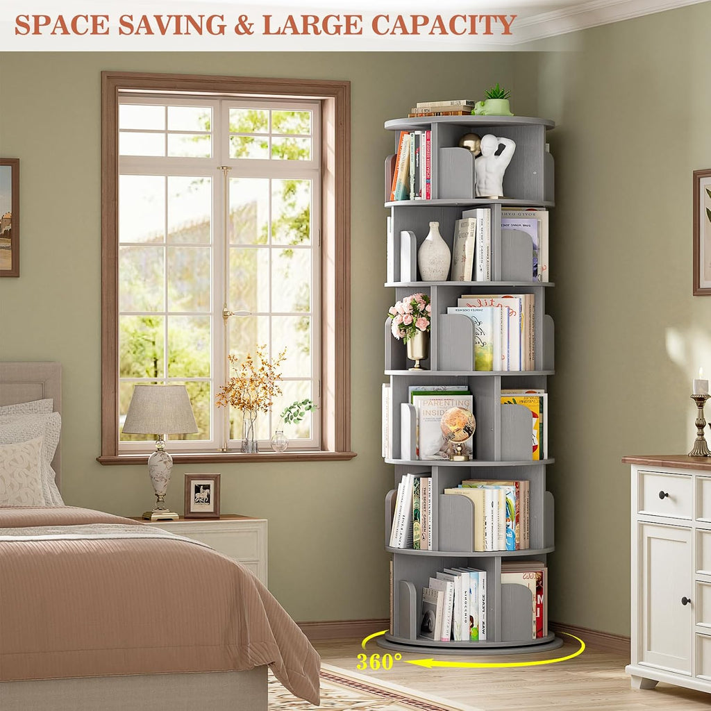 Aheaplus 6 Tier Rotating Bookshelf, Wood Spinning Bookshelf Tower, Round Revolving 360 Bookcase, Narrow Turning Book Shelf Rolling Corner Organizer for Small Space, Bedroom, Office, Grey