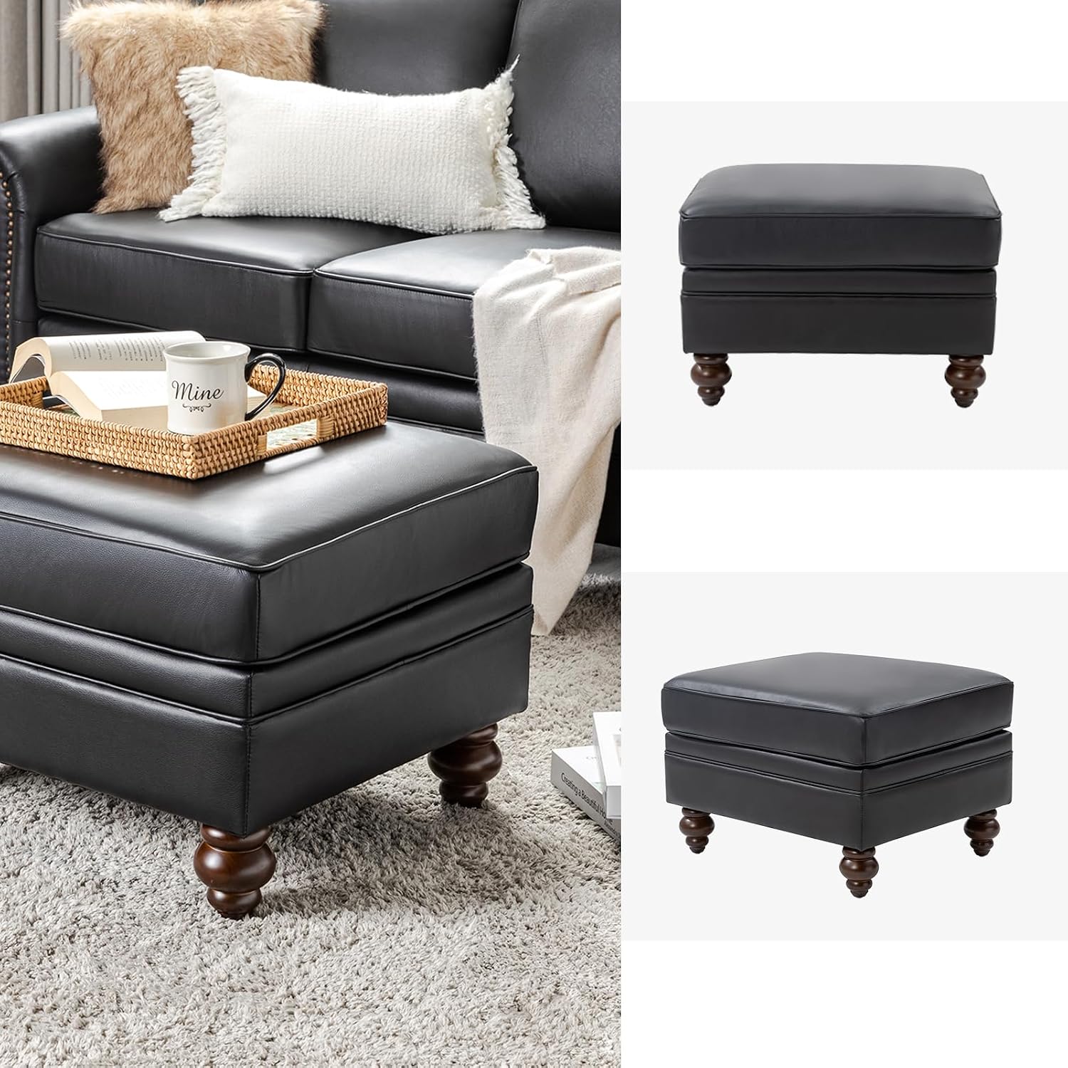 HULALA HOME Genuine Leather Ottoman Coffee Table, Ottoman Foot Rest for Living Room, Black