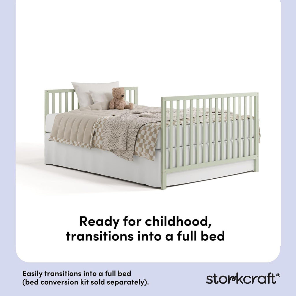 Storkcraft Morningside 5-in-1 Convertible Crib – GREENGUARD Gold Certified, Fits Standard Crib Mattress, Converts to Toddler Bed, Daybed and Full Bed, 4 Adjustable Mattress Heights (Sage)