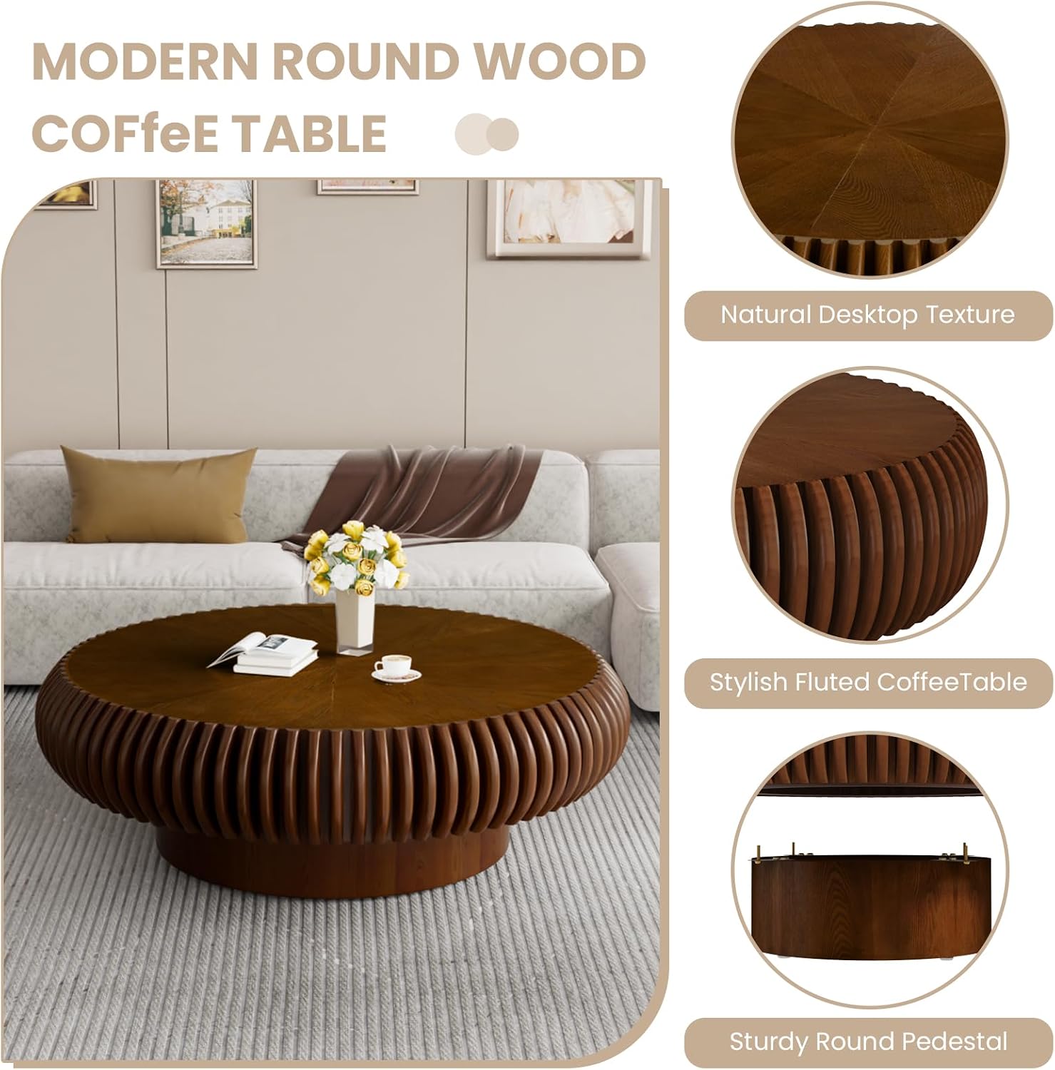 Fluted Drum Coffee Table Round Coffee Table for Living Room Mid Century Modern Coffee Tables with Sturdy Pedestal Circle Center Tea Table Accent Tea Table for Small Space Apartment (39.4inch Walnut)