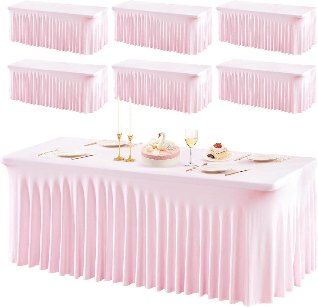PARTISKY 6 Pack Pink Table Cover for Rectangle Tables 8ft,One-Piece Spandex Elastic Table Cloth with Skirt for Wedding Folding Table Banquet Baby Shower & Birthday Parties