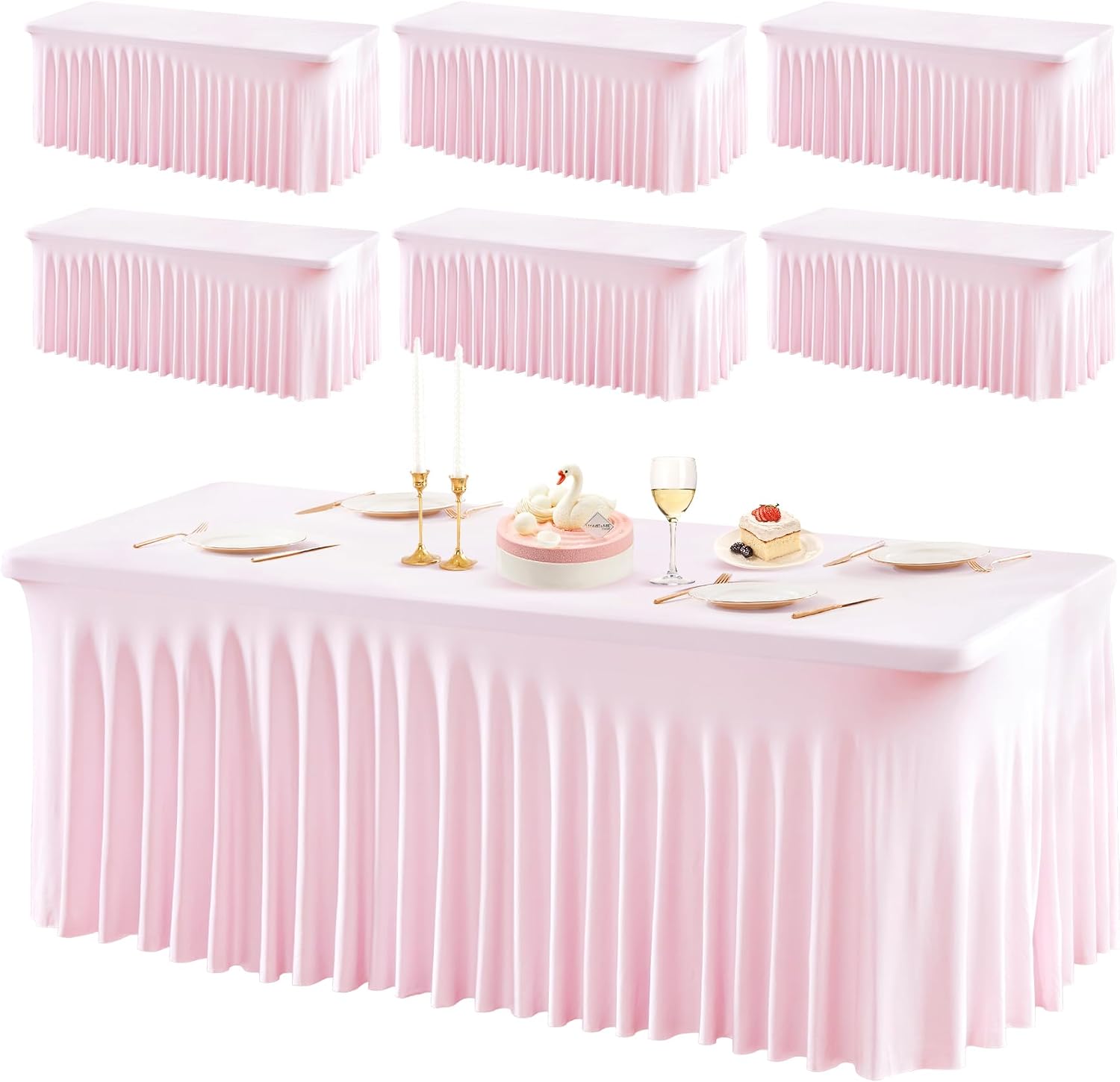 PARTISKY 6 Pack Pink Table Cover for Rectangle Tables 8ft,One-Piece Spandex Elastic Table Cloth with Skirt for Wedding Folding Table Banquet Baby Shower & Birthday Parties