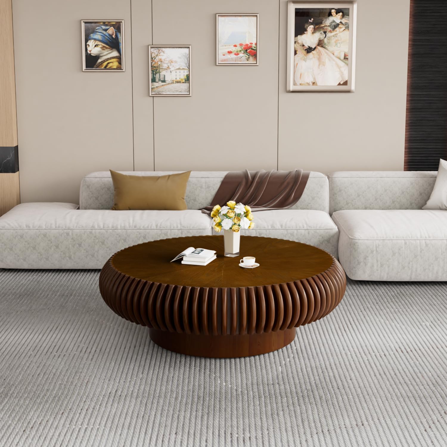 39.3' Drum Coffee Table Modern Unique Fluted Tea Table Contemporary Wood Round Coffee Table with Fluted Centry Table for Living Room Walnut (39.3' Walnut)