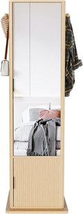 360 Rotating Jewelry Armoire with Full Length Mirror, Freestanding Vanity Organizer, 4 Tier Bookshelf, Hidden Cosmetic Cabinet, Side Hooks, Bedroom Entryway Space Saving Display Tower (Walnut)