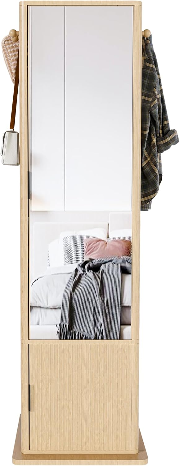 360 Rotating Jewelry Armoire with Full Length Mirror, Freestanding Vanity Organizer, 4 Tier Bookshelf, Hidden Cosmetic Cabinet, Side Hooks, Bedroom Entryway Space Saving Display Tower (Walnut)