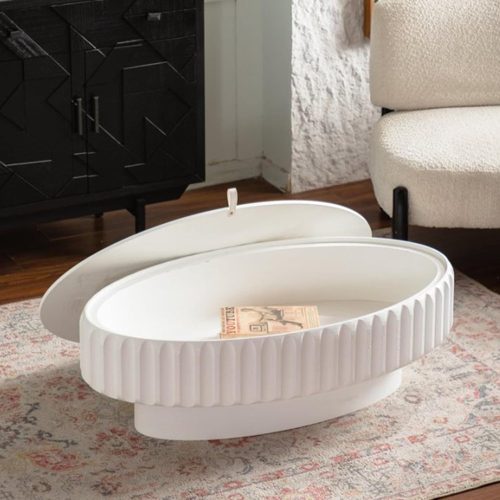 43.31'' White Oval Coffee Table with Storage Space for Living Room, Modern Contemporary Circle Curved Fluted Drum Pedestal Wood Coffee Table, Easy Assembly, White