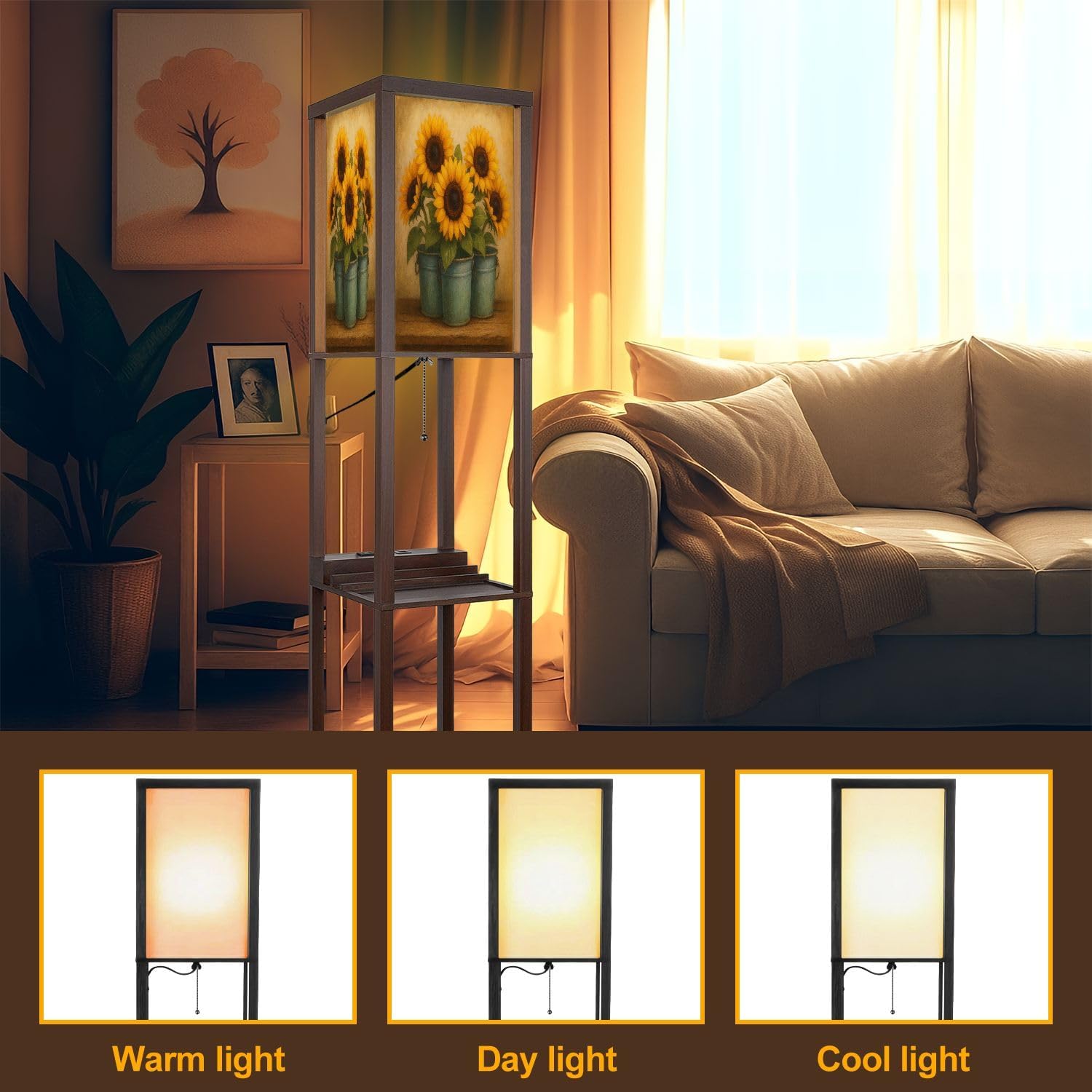 Floor Lamp with Shelves Vintage Sunflower Wildflower Pictures Rustic Flowers Farmhouse Country Standing Tall Lamp USB Ports & Power Outlet Modern Corner Lamp Nightstand Light for Living Room Bedroom
