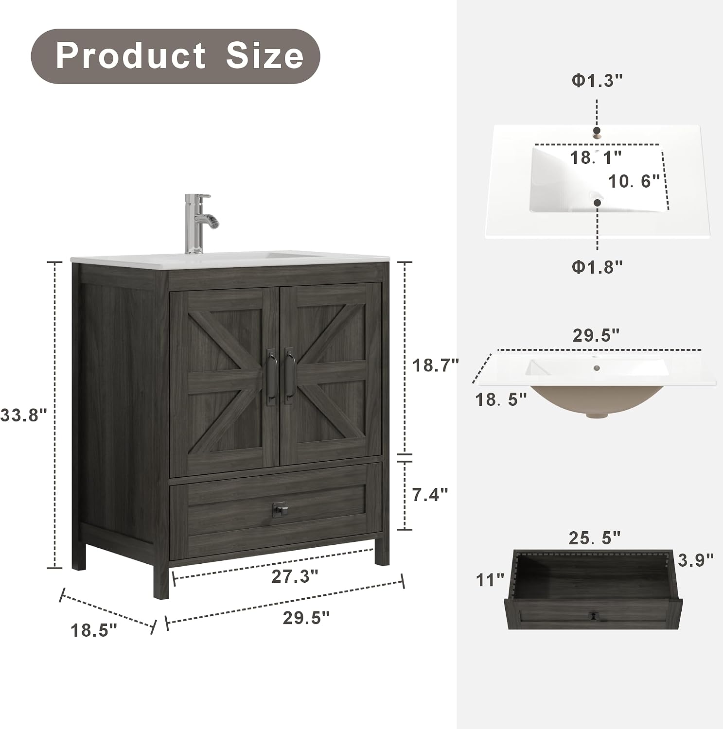 KIGOTY 30 Inch Farmhouse Vanity for Bathroom with Ceramic Sink, Vanity Sink Cabinet with Faucet, Wooden Sink Vanity, Freestanding Bathroom Sink and Cabinet, Bathroom Furniture Set
