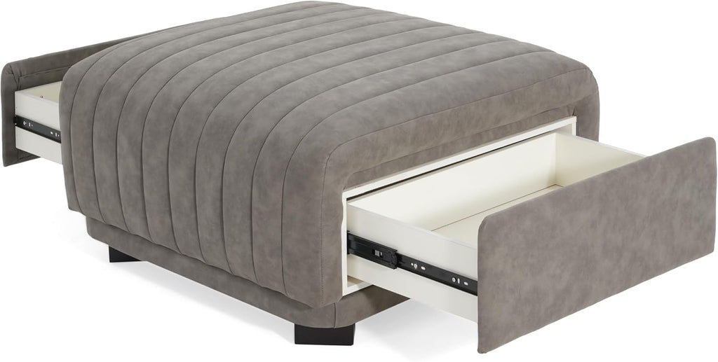 Christopher Knight Home Reyno Upholstered Ottoman with Storage for Living Room, Faux Leather Storage Ottoman Foot Rest with Side Drawers, Modern Square Coffee Table with Wooden Frame, Grey