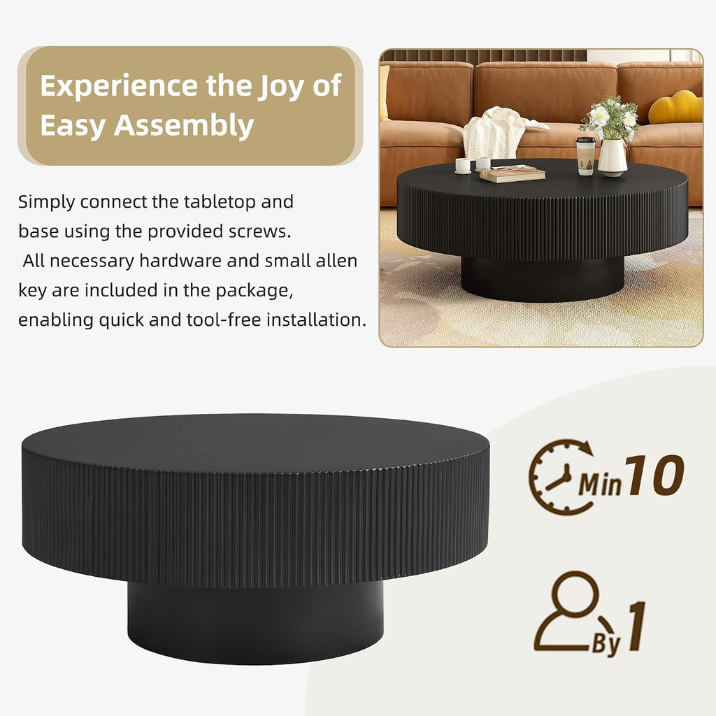 LUMISOL Round Fluted Coffee Table for Living Room, 35.4'' Center Table with Thick Tabletop, Wave Design Drum Tea Table with Sturdy Base, Black