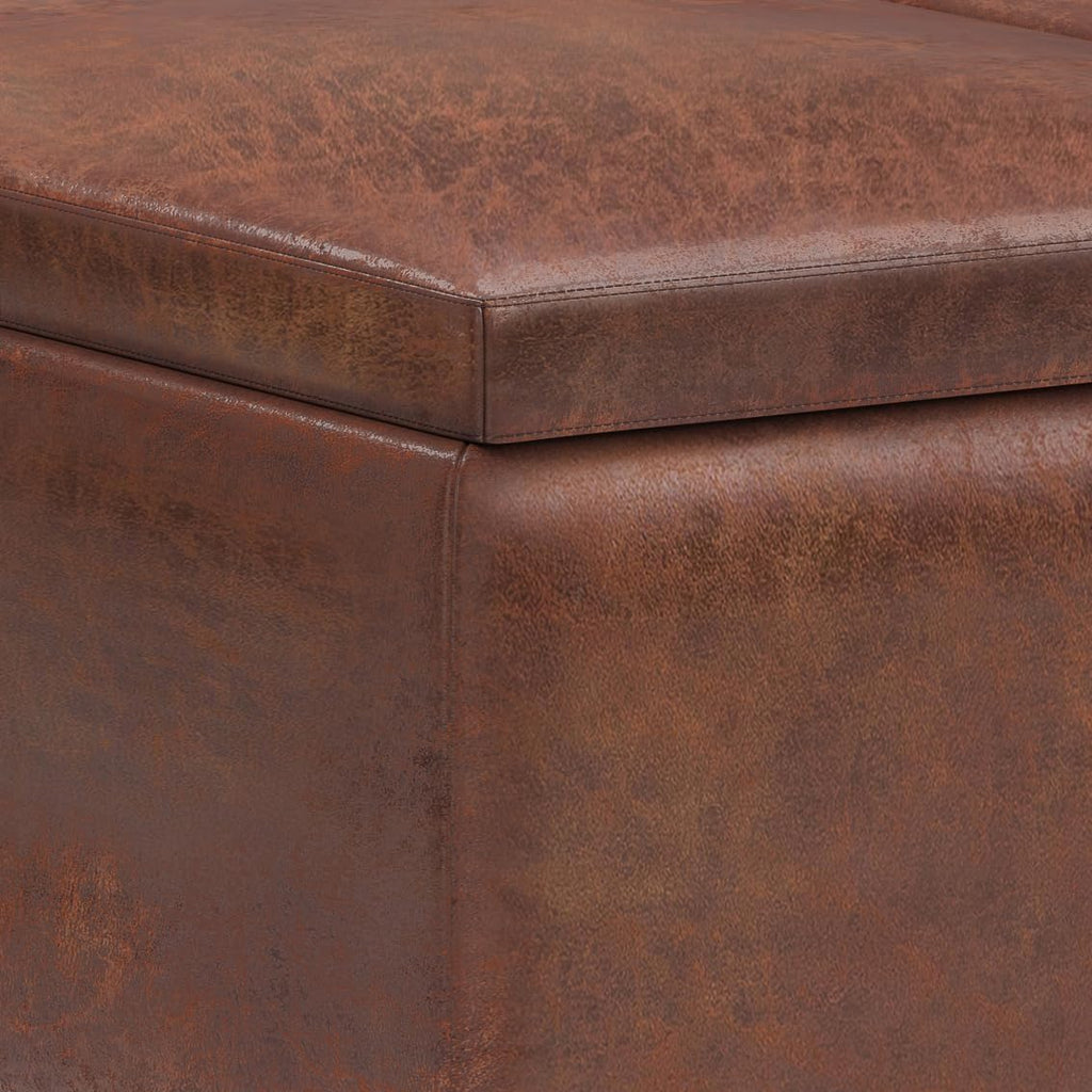 SIMPLIHOME Owen Tray Top Small Coffee Table Storage Ottoman - 34 inch Wide Upholstered Vegan Leather Rectangular Flip-Top Ottoman in Distressed Saddle Brown, Mid-Century Modern Ottoman for Living Room