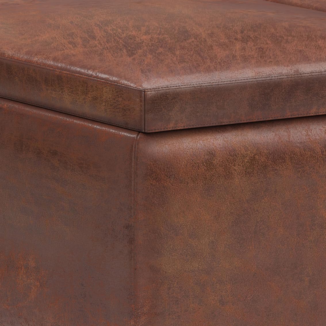 SIMPLIHOME Owen Tray Top Small Coffee Table Storage Ottoman - 34 inch Wide Upholstered Vegan Leather Rectangular Flip-Top Ottoman in Distressed Saddle Brown, Mid-Century Modern Ottoman for Living Room