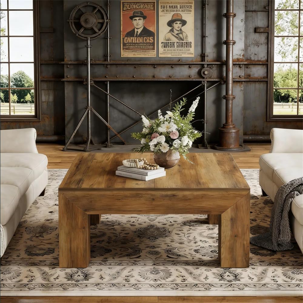 SSLine Wooden Coffee Table 39.4-Inch Square Coffee Table for Living Room,Farmhouse MDF Wood Cocktail Center Tables with Thicken Top and Sturdy Legs,Rustic Brown