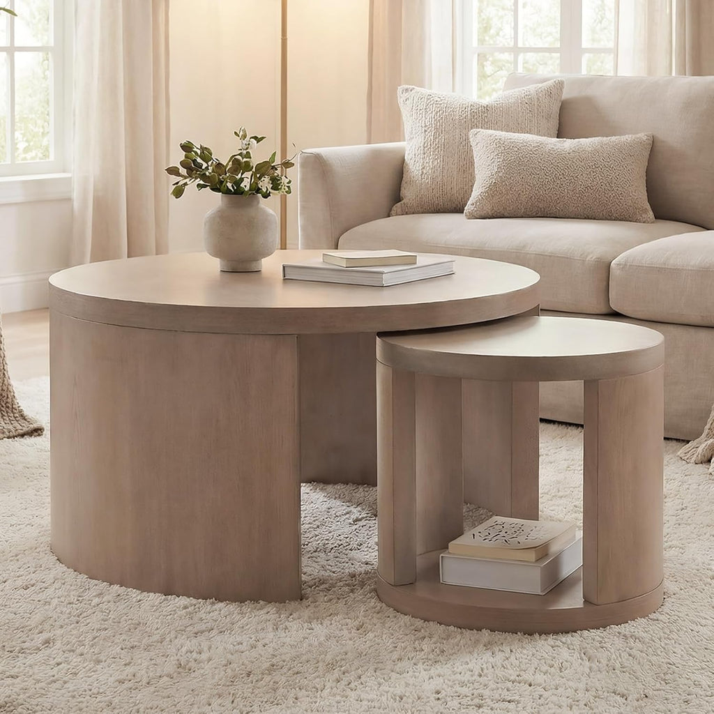 Round Coffee Table Set of 2, Nesting Coffee Tables with Storage, Living Room Table Set, Modern Wood Center Table for Living Room, Apartment, 31.5' & 18' Accent Table Set, Gray