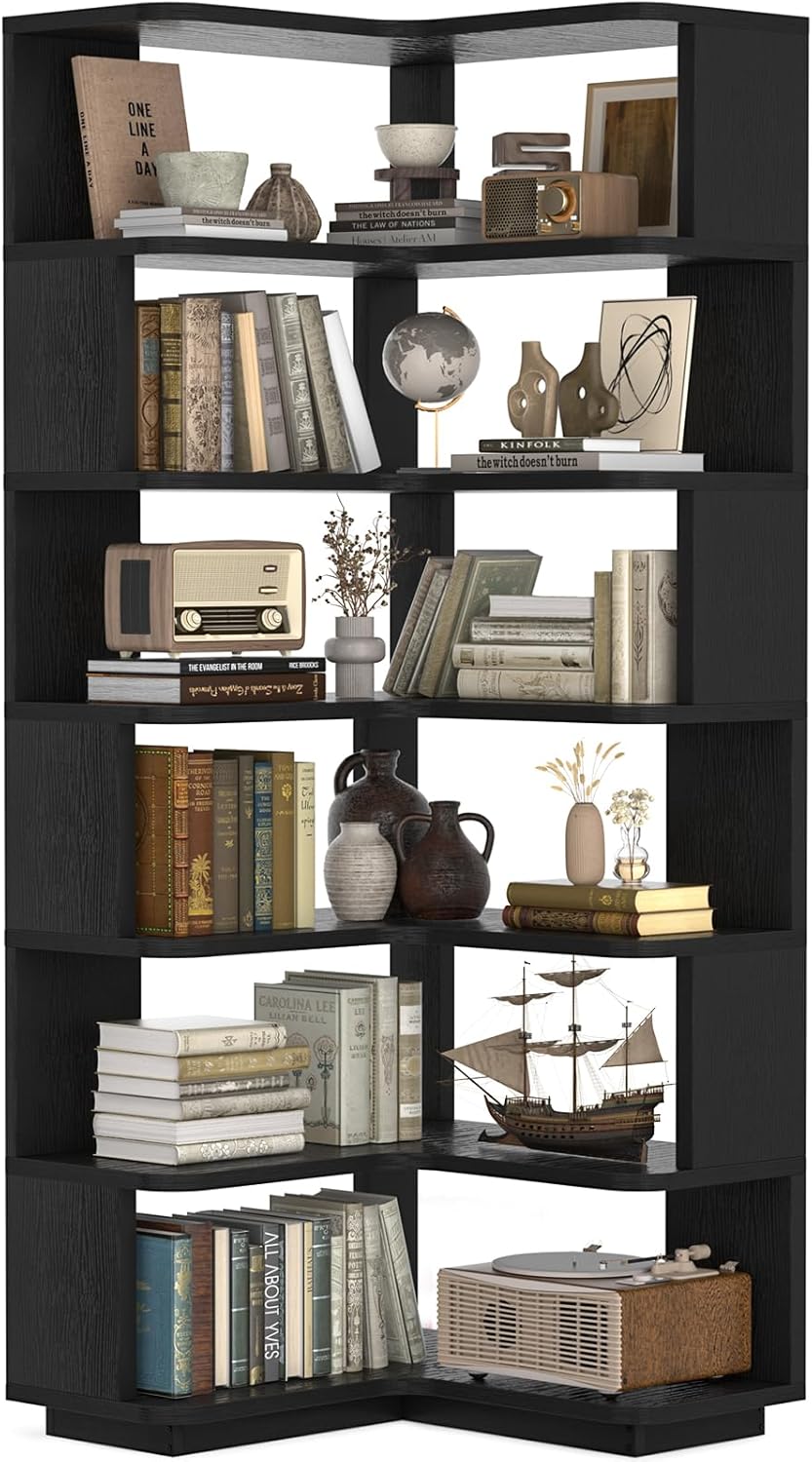 Besiost Corner Book Shelf, 7-Shelf Corner Bookshelf for Small Corner Spaces, L-Shape Bookcase Corner Display Shelf for Home Office, Living Room, Bedroom, Kitchen Pantry, Black