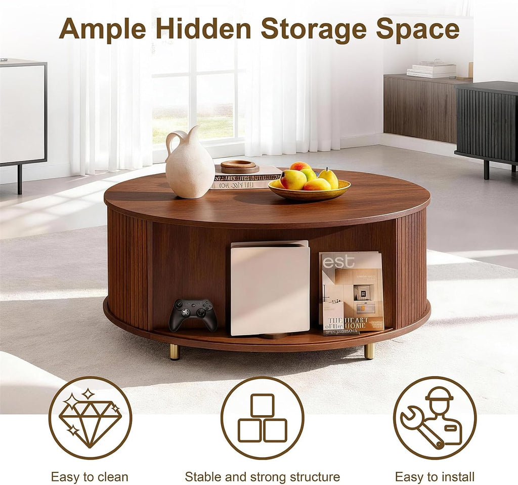 DHH Round Coffee Table, 31.5' Mid Century Modern Coffee Table with 360° Sliding Tambour Door, Fluted Accent Coffee Table with Storage Adjustable Footpads for Living Room (Walnut)