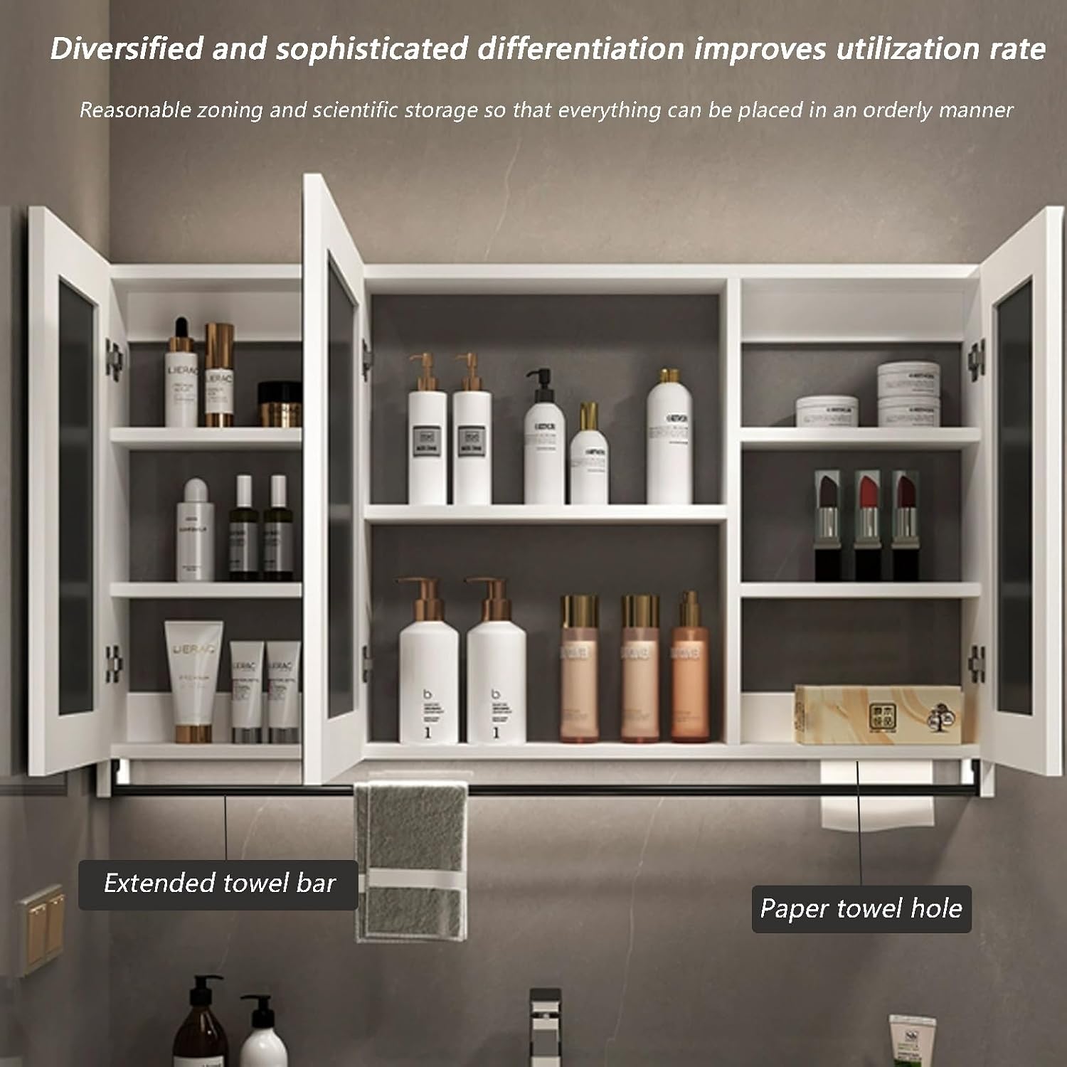 Smart medicine cabinet with mirror and led lights,bathroom vanity mirror with storage,One-click defogging,Rectangular Medicine Cabinets with Towels Bar,Medicine Cabinet Wall Mounted Touch Switch ( Col