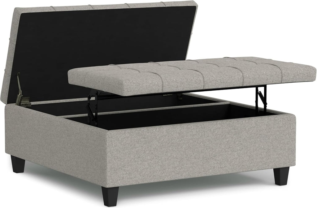 SIMPLIHOME Harrison Large Coffee Table Storage Ottoman - 40 inch Wide Upholstered Linen Look Fabric Square Lift-Top Ottoman in Cloud Grey, Transitional Bench for Living Room with Sturdy Base