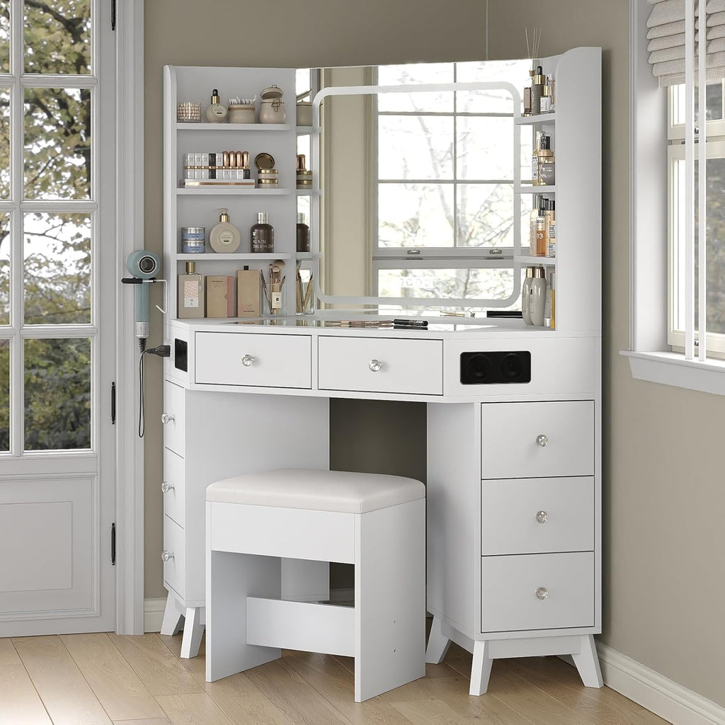 Yanosaku Corner Vanity Desk with Buil-in Speaker, 8 Drawers & 6 Shelves, Makeup Vanity with Glass Top, Modern Vanity with Mirror and Lights, 3 Color Lighting Modes, Dressing Table for Bedroom, White
