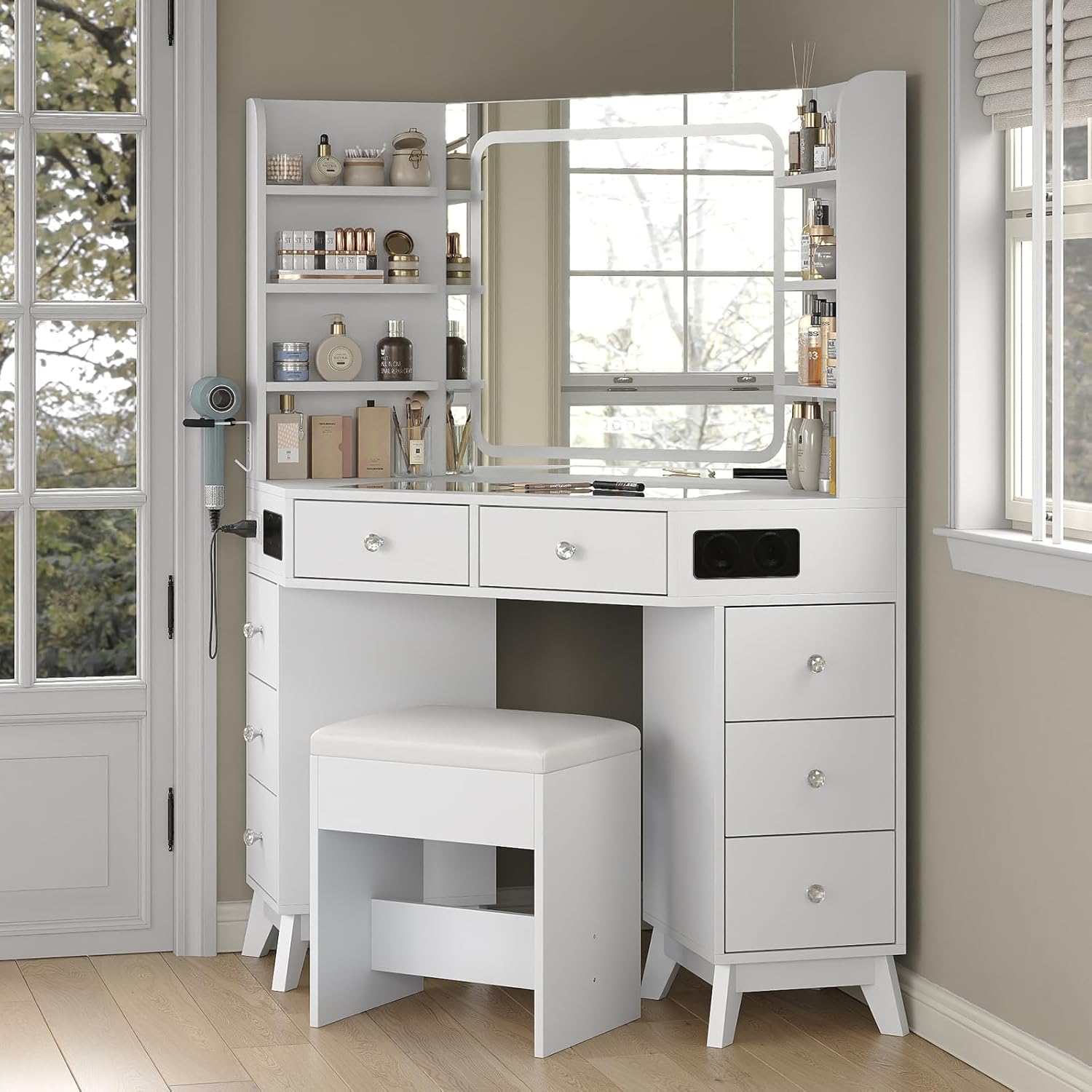 Yanosaku Corner Vanity Desk with Buil-in Speaker, 8 Drawers & 6 Shelves, Makeup Vanity with Glass Top, Modern Vanity with Mirror and Lights, 3 Color Lighting Modes, Dressing Table for Bedroom, White