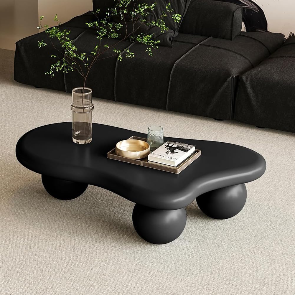 40' Cloud Coffee Table for Living Room Irregular Coffee Table Modern Unique Coffee Tables Low Cute Center Tables with Ball Legs for Small Space Apartment Cream Black