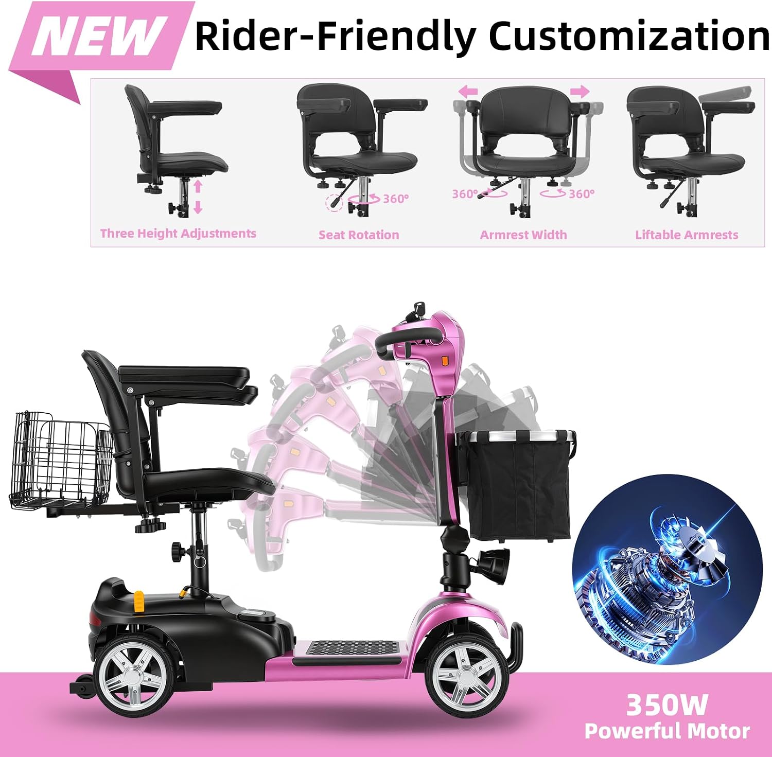 20 Miles 4 Wheels Mobility Scooter for Seniors/Adults Up to 300LBS,350W Electric Wheelchair Detachable Lithium Battery,Dual Baskets,Rotating Seat,with Taillight, USB Charging, Pink