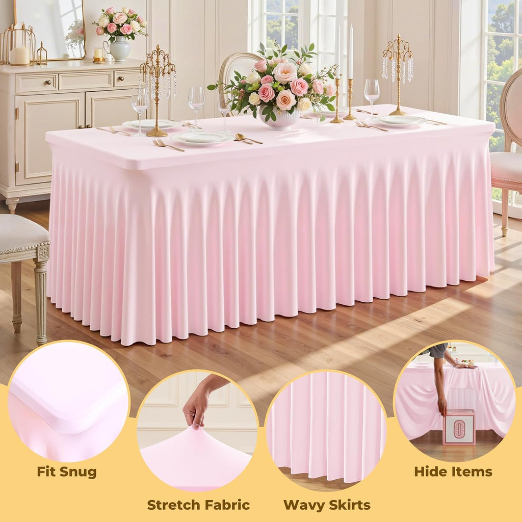 6 Pack Pink Spandex Fitted Tablecloth 8 Foot - Stretch Table Clothes for 8 FT Rectangle Table, Washable Ruffles Elastic for Weddings, Buffet, Banquet, Trade Craft Show, Party Celebration