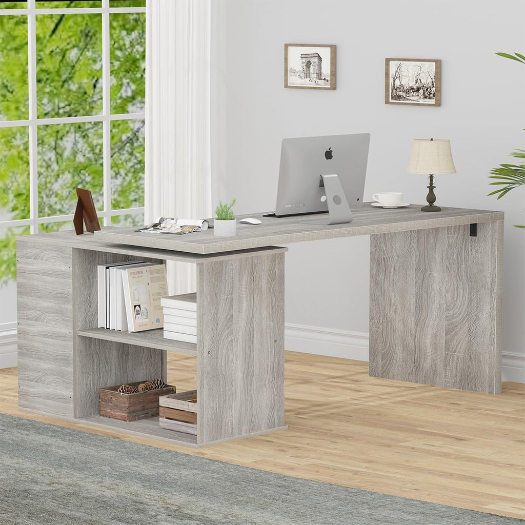 HSH L Shaped Office Desk with Drawers, Reversible Corner Wood Computer Desk Gray, Large L Shaped Desk with Storage Cabinet Shelves for Executive Writing Study, Modern Bedroom Table Grey Oak, 60 Inch