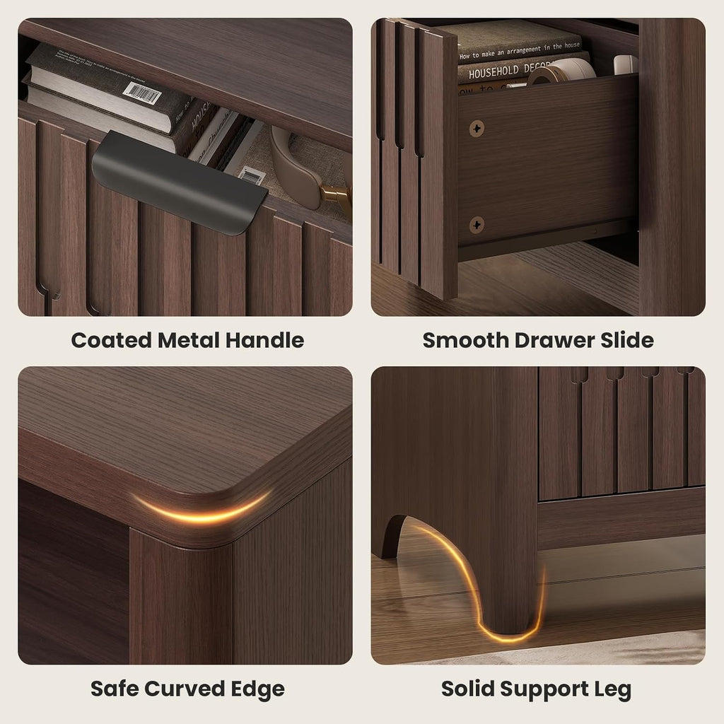 Fluted Nightstand Set of 2 with Charging Station, Modern Bedside Table with Storage Drawer, Open Shelf & Curved Corner, Night Stand End Side Table for Bedroom, Walnut