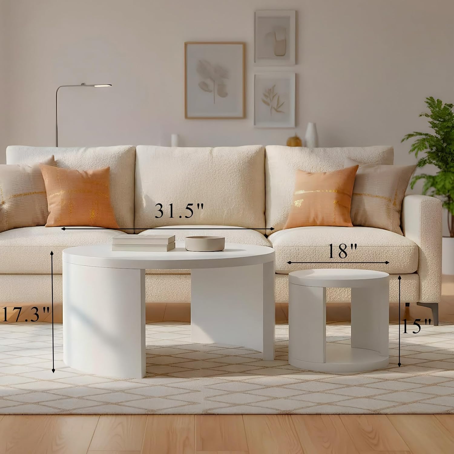 Round Coffee Table Set of 2, Nesting Coffee Tables with Storage, Living Room Table Set, Modern Wood Center Table for Living Room, Apartment, 31.5' & 18' Accent Table Set, White
