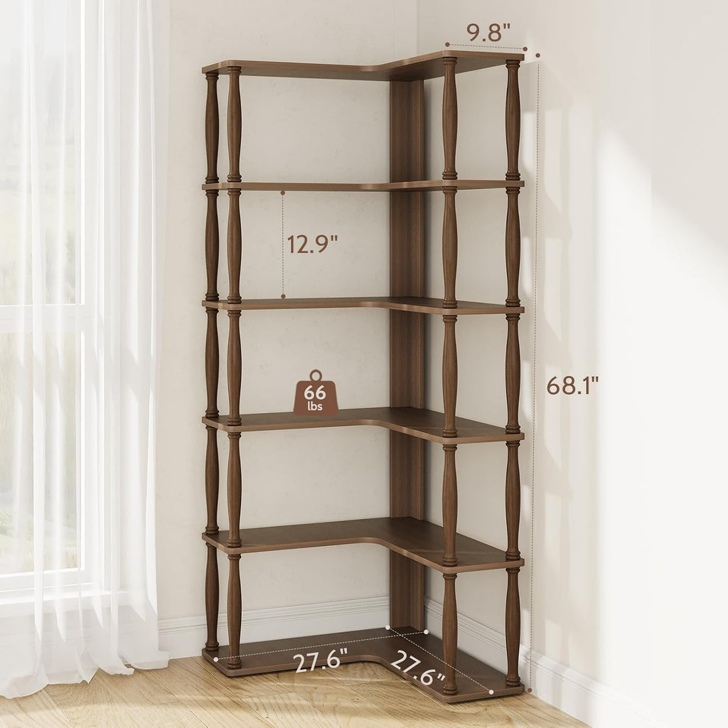 6 Tier Corner Bookshelf, L Shaped Bookcase with Solid Wood Posts,Vintage American Display Shelf for Home Office, Living Room, Bedroom, Kitchen