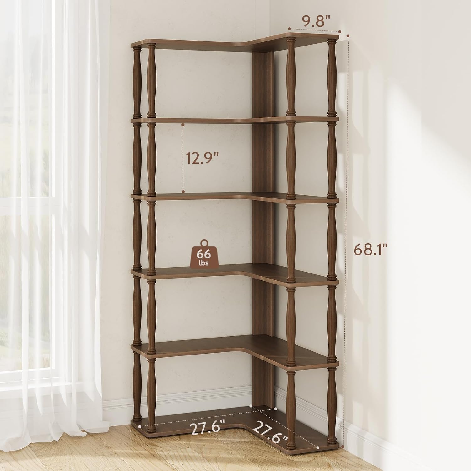 6 Tier Corner Bookshelf, L Shaped Bookcase with Solid Wood Posts,Vintage American Display Shelf for Home Office, Living Room, Bedroom, Kitchen