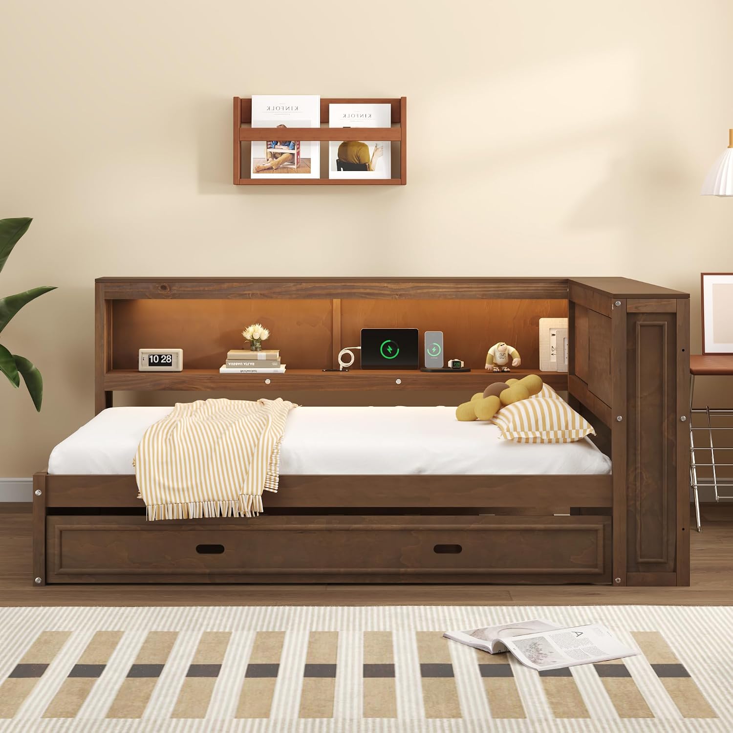 MERITLINE Full Size Wood Corner Bed Frame with Storage Shelves and Trundle, Wooden L-Shaped Daybed Full with Storage Headboard, LED Lights & USB for Kids Teens Adults, Antique Wood Color