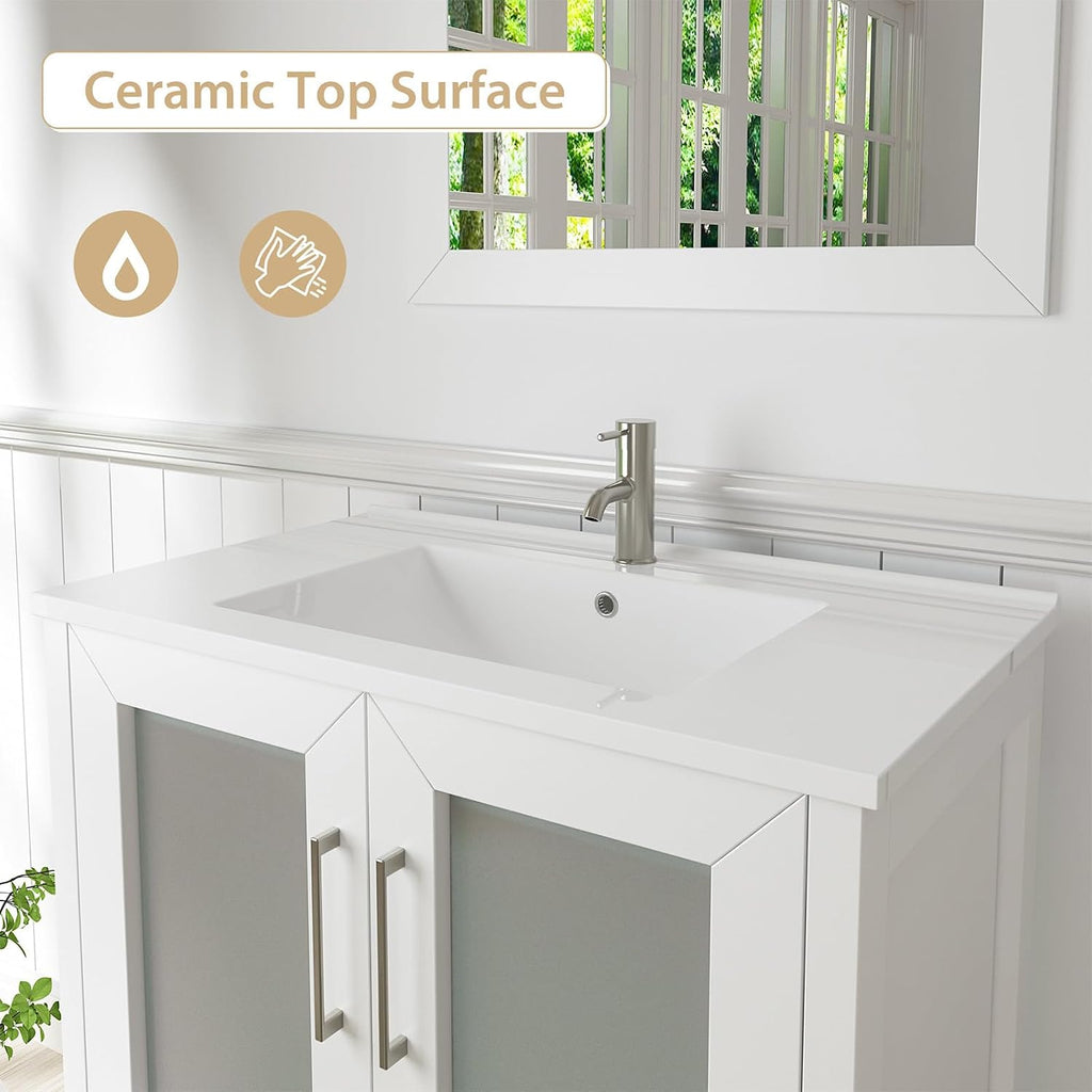 Vanity Art 84 Inch Under Mount Double Sink Bathroom Vanity Cabinet with 2 Mirrors, Ceramic Top Bathroom Cabinet Compact Set with 10 Dovetail Storage Drawers and Brushed Nickel Handles, VA3030-84-W
