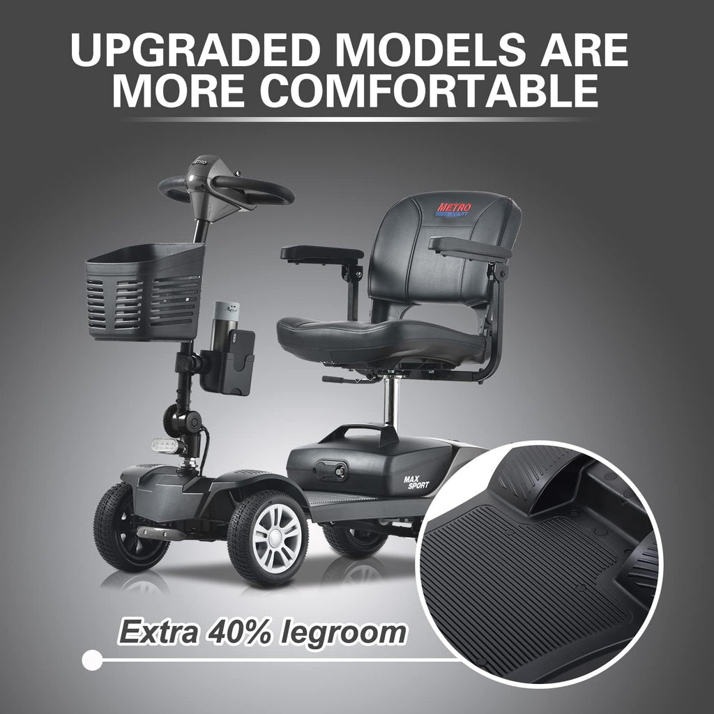 Metro Mobility 4 Wheel Powered Mobility Scooters for Seniors - 300 lbs Capacity Electric Scooter with Seat for Adults, Travel - Long Range Power Extended Battery & Comfortable Larger Legroom - Grey