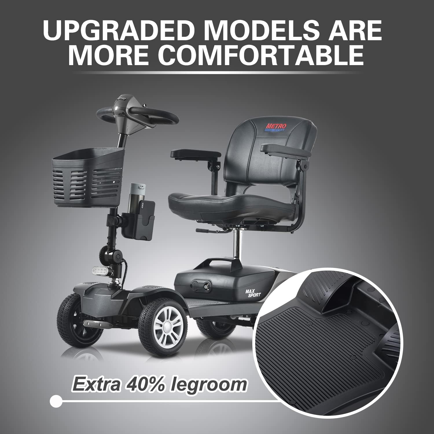 Metro Mobility 4 Wheel Powered Mobility Scooters for Seniors - 300 lbs Capacity Electric Scooter with Seat for Adults, Travel - Long Range Power Extended Battery & Comfortable Larger Legroom - Grey