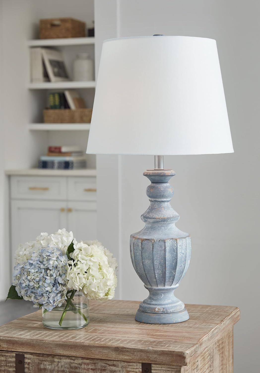 Signature Design by Ashley Cylerick Vintage Terra Cotta and Wood Table Lamp with 3-Way Switch, Blue