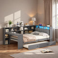 LUMISOL Twin Size Corner Bed with Desk, Storage Bookcase, Charging Station and LED Lights, Solid Wood Daybed Frame with Trundle and Upholstered Headboard for Kids Teens Adults, Gray
