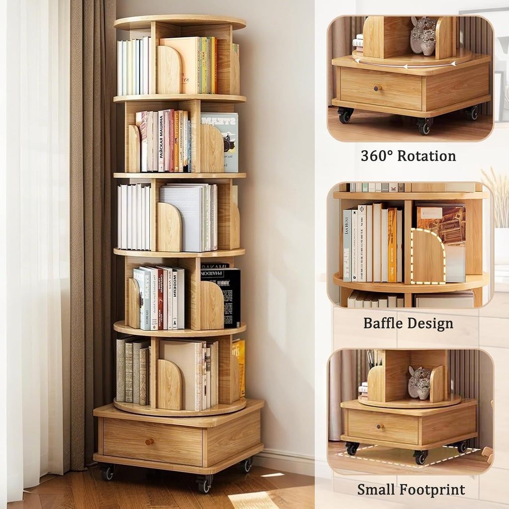6 Tier Rotating Bookshelf 360° Spinning with Wheels & Drawer, Space Saving Storage Shelf for Small Spaces, Home Office Corner, Living Room, Bedroom