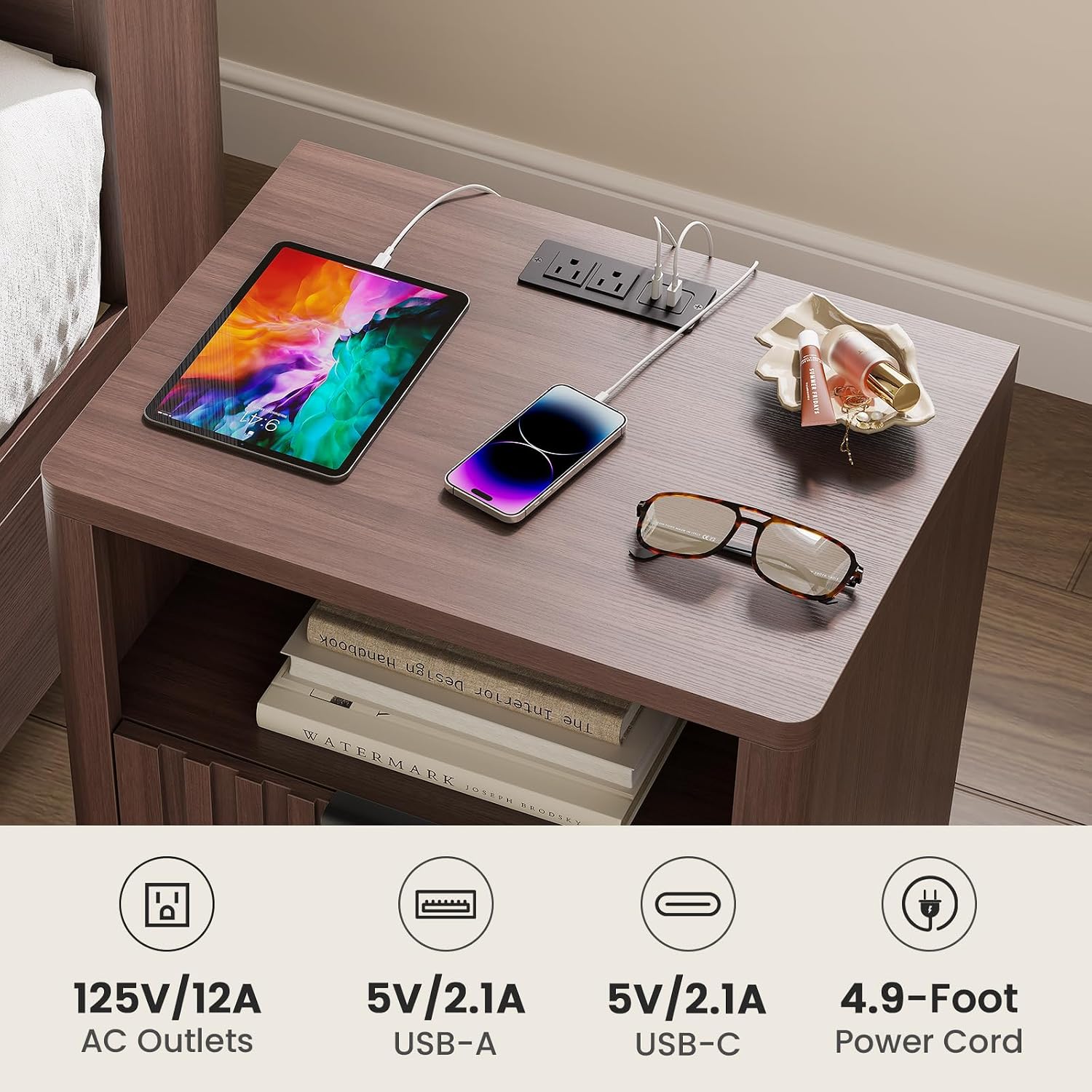 Fluted Nightstand Set of 2 with Charging Station, Modern Bedside Table with Storage Drawer, Open Shelf & Curved Corner, Night Stand End Side Table for Bedroom, Walnut
