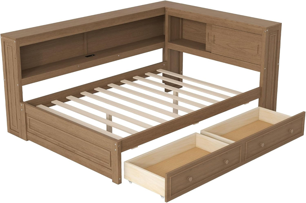 Full Size Daybed with Storage Drawers and Shelves,Antique Wood | Convertible Headboard,Pine Wood Corner Bed,Charging Station,LED Lights,Kids Boys Girls Teens