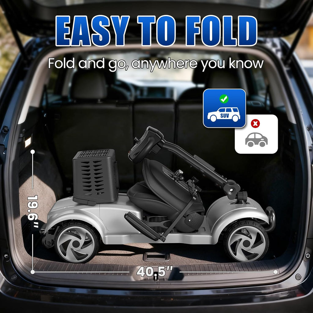 4 Wheel Electric Mobility Scooter for Adults and Seniors, 20 Miles Range Foldable Electric Scooter, Compact Heavy Duty Mobile for Travel with 300 lb Capacity, Powered Electric Wheelchair, Grey