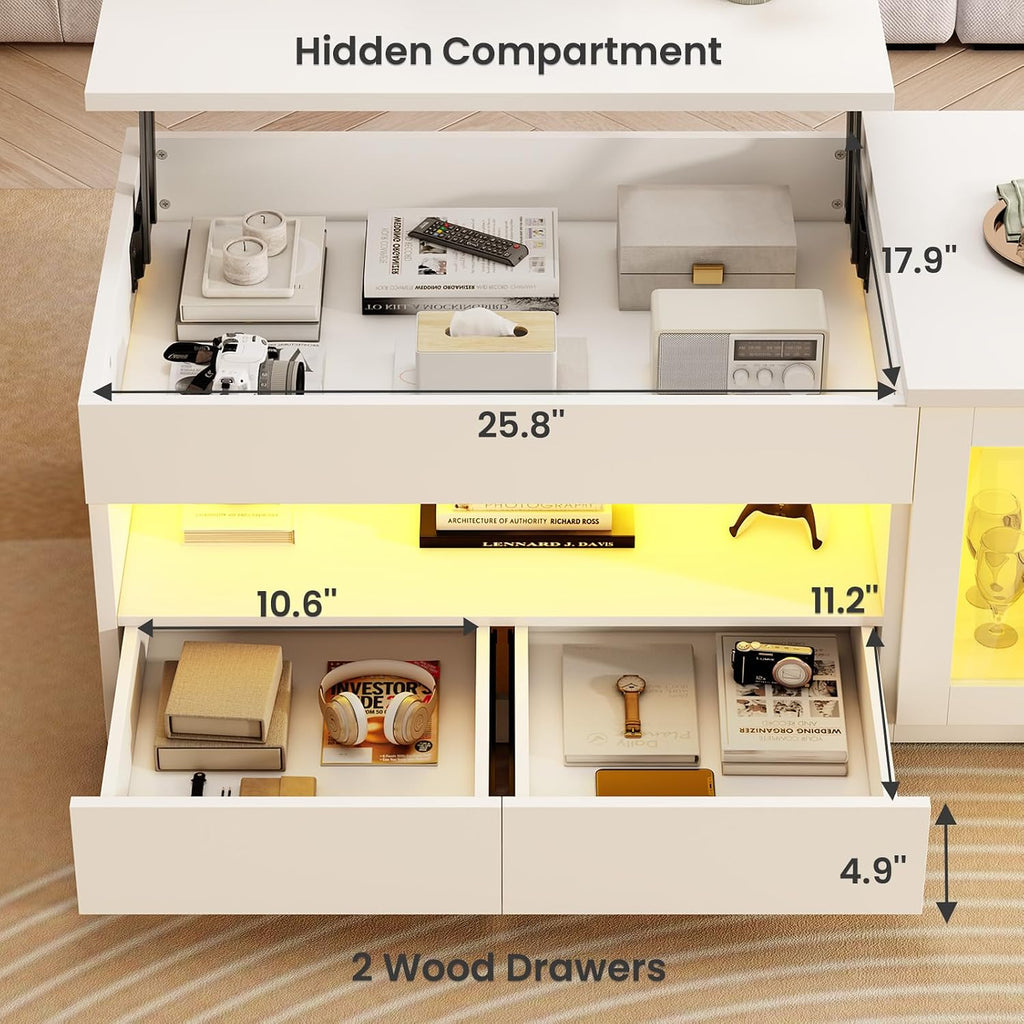 Itaar 39.4' Lift Top Coffee Table with 2 Drawers, Modern LED Coffee Tables for Living Room, Coffee Table with Glass Storage Cabinet, White